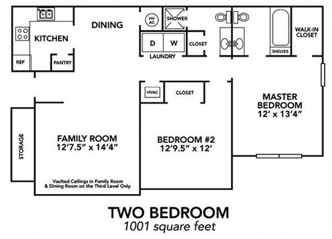 Floor plan for 2 beds, 2 baths, 1001 sqft
